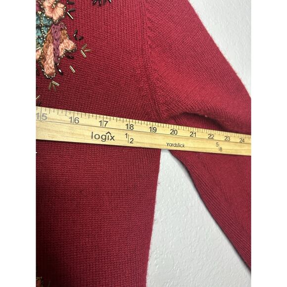 Susan Bristol Vintage 90s Red Wool Christmas Sweater Embroidered Beaded Medium - Picture 5 of 12